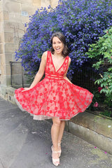 Red v neck tulle lace short prom dress, red homecoming dress - RongMoon
