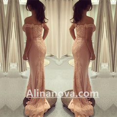 Off Shoulder Pink Mermaid Prom Evening Dresses Lace Appliques