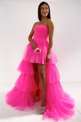 Pink tulle high low prom dress pink tulle evening dress - RongMoon