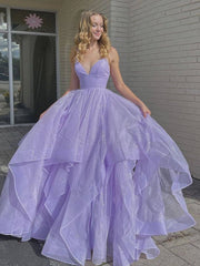 Purple v neck tulle long prom dress purple evening dress - RongMoon
