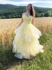 Yellow v neck tulle long prom dress, yellow tulle formal dress - RongMoon