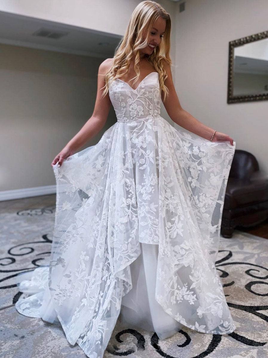 White sweetheart neck lace long prom dress, lace evening dress - RongMoon
