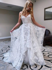 White sweetheart neck lace long prom dress, lace evening dress - RongMoon