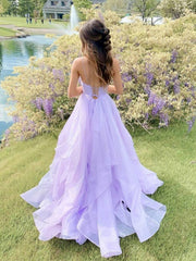 Purple v neck tulle long prom dress purple evening dress - RongMoon