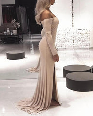 Sexy Leg Slit  Jersey Off Shoulder Long Sleeves Mermaid Evening Dresses
