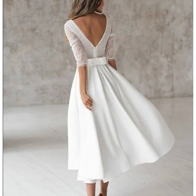 A-Line Wedding Dresses V Neck Asymmetrical Tea Length Lace Satin 3/4 Length Sleeve Vintage 1950s with Pleats - RongMoon