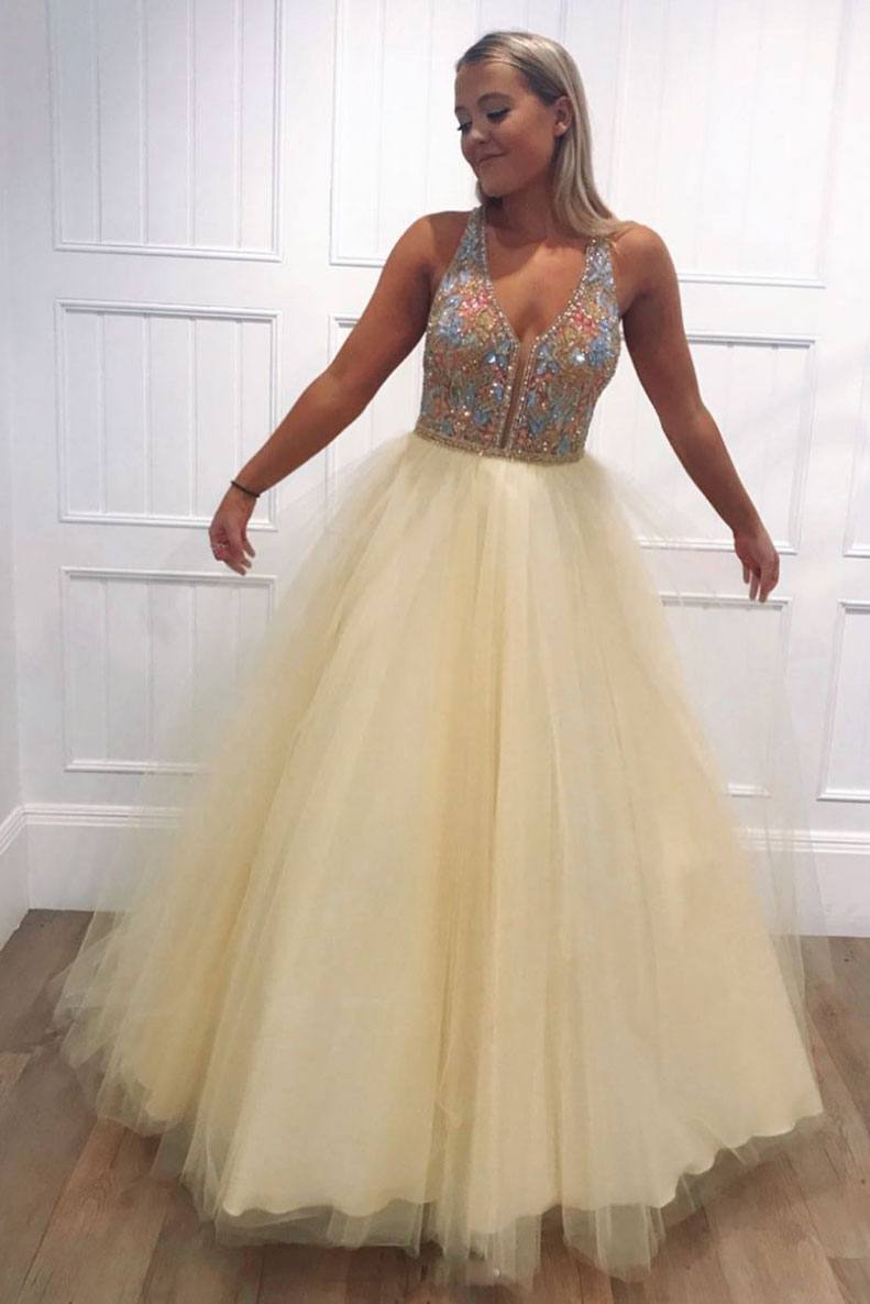 Yellow tulle v neck beads long prom dress yellow evening dress - RongMoon