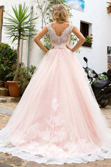 Pink round neck tulle lace long prom dress pink evening dress - RongMoon