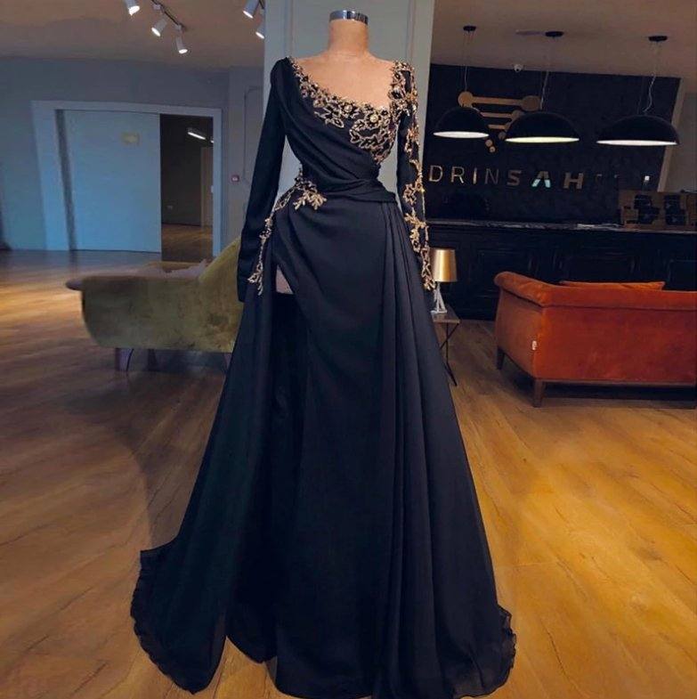 Elegant Muslim Evening Dresses A-line Long Sleeves Chiffon Lace Long Islamic Dubai Saudi Arabic Long Formal Evening Gown - RongMoon