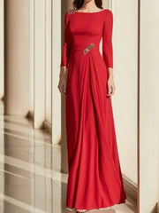 A-Line Mother of the Bride Dress Elegant Jewel Neck Floor Length Chiffon Long Sleeve with Pleats Crystal Brooch - RongMoon