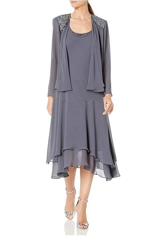 Gray Mother Of The Bride Dresses A-line Tea Length Chiffon Beaded With Jacket Short Groom Mother Dresses For Weddings - RongMoon