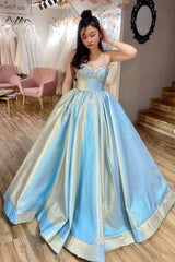Blue sweetheart satin long prom dress blue sweet 16 dress - RongMoon