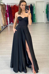 Simple black satin long prom dress black satin evening dress - RongMoon