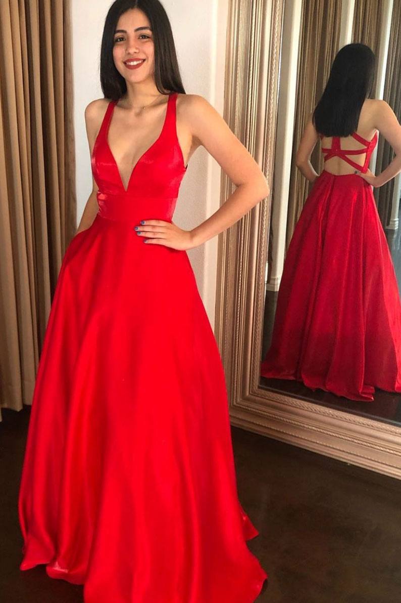 Red v neck satin long prom dress red long evening dress - RongMoon