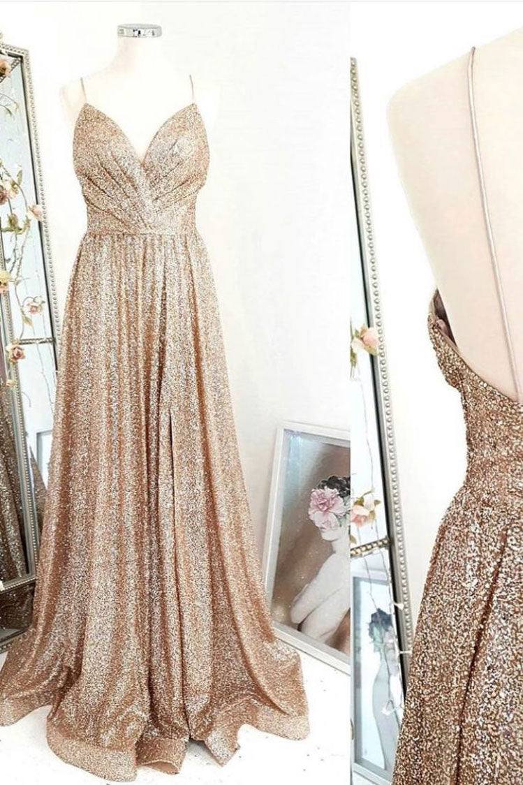 Gold sequin long prom dress gold evening dress - RongMoon