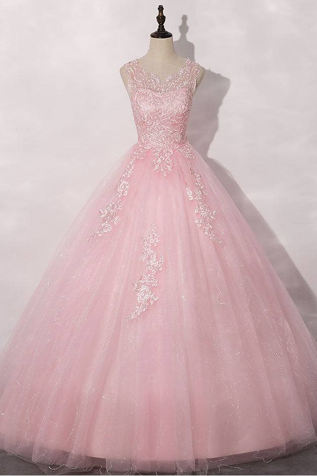 Pink round neck tulle lace long prom dress pink tulle formal dress - RongMoon