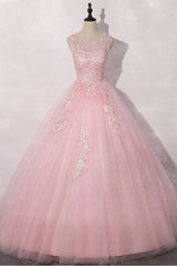 Pink round neck tulle lace long prom dress pink tulle formal dress - RongMoon