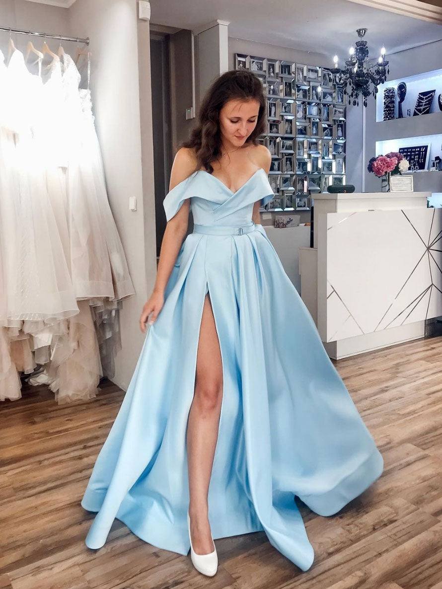 Simple off shoulder satin blue long prom dress, blue evening dress - RongMoon