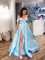 Simple off shoulder satin blue long prom dress, blue evening dress - RongMoon