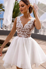 White v neck lace tulle short prom dress white lace cocktail dress - RongMoon