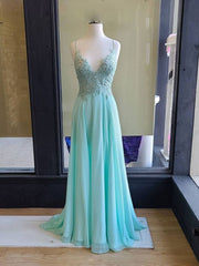 Green v neck lace chiffon long prom dress, lace evening dress - RongMoon