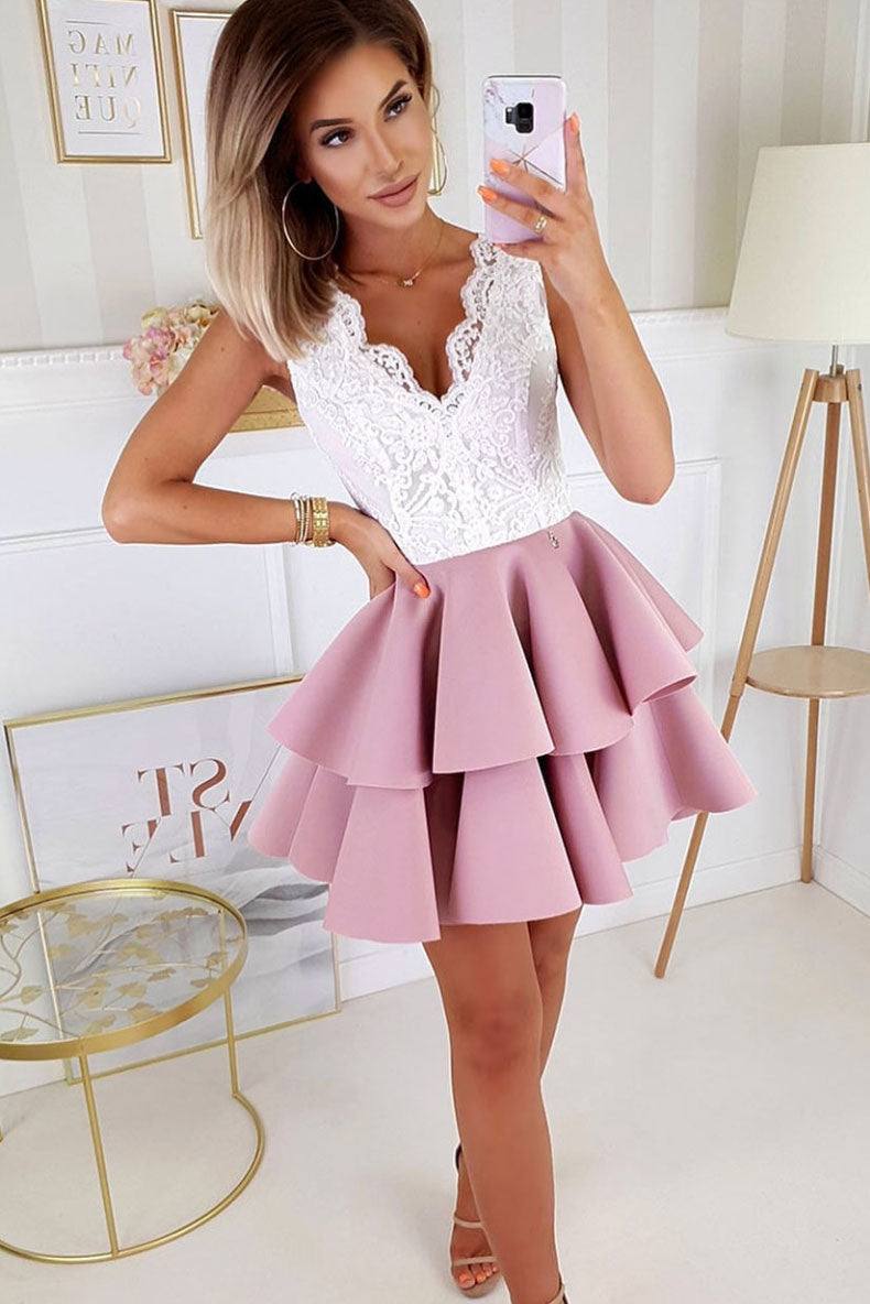 Pink v neck lace satin short prom dress pink lace homecoming dress - RongMoon