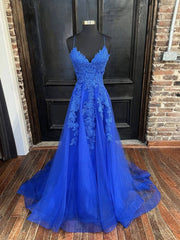 Blue v neck tulle lace long prom dress, blue lace bridesmaid dress - RongMoon