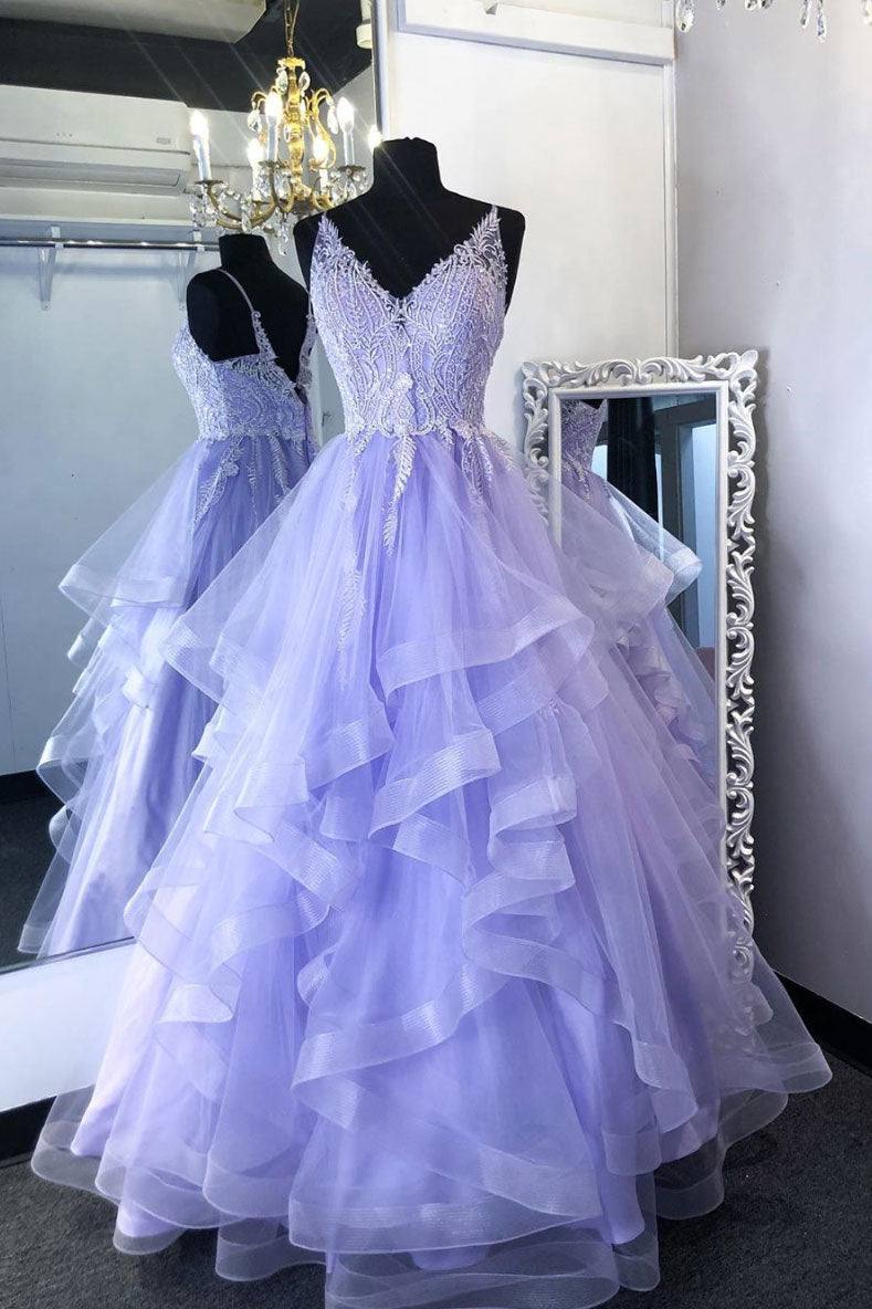 Purpler v neck tulle lace beads long prom dress tulle formal dress - RongMoon