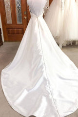 Simple white v neck satin long wedding dress white bridal dress - RongMoon