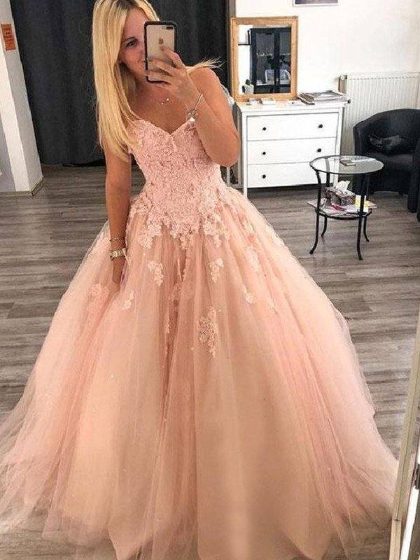 Ball Gown Sleeveless Sweetheart Floor-Length Applique Tulle Dresses - RongMoon