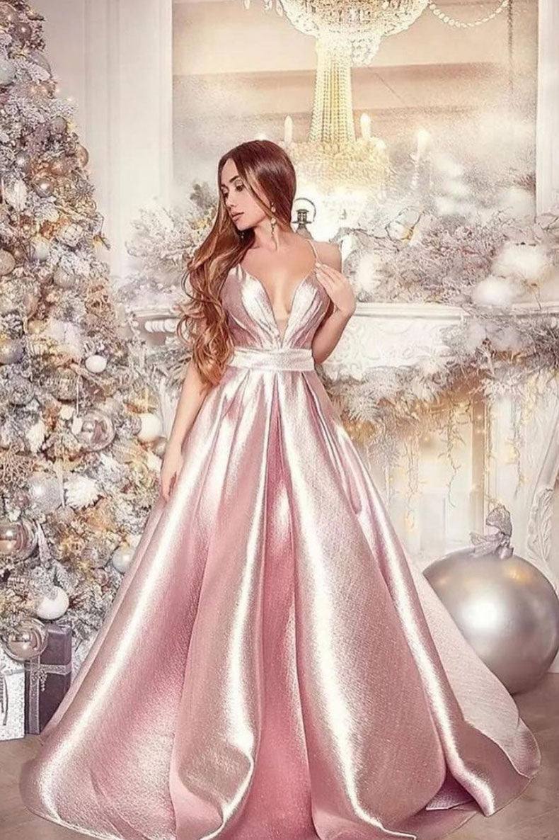Simple v neck pink satin long prom dress pink evening dress - RongMoon