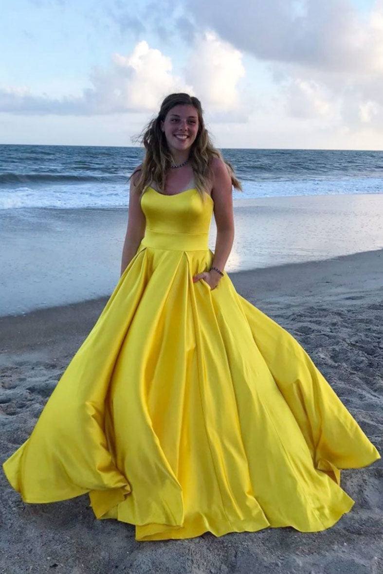 Simple yellow satin long prom dress yellow evening dress - RongMoon