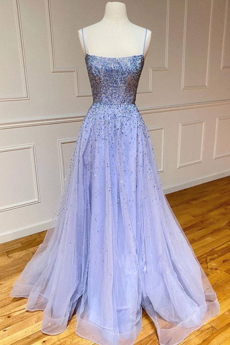Purple tulle sequin long prom dress tulle formal dress - RongMoon