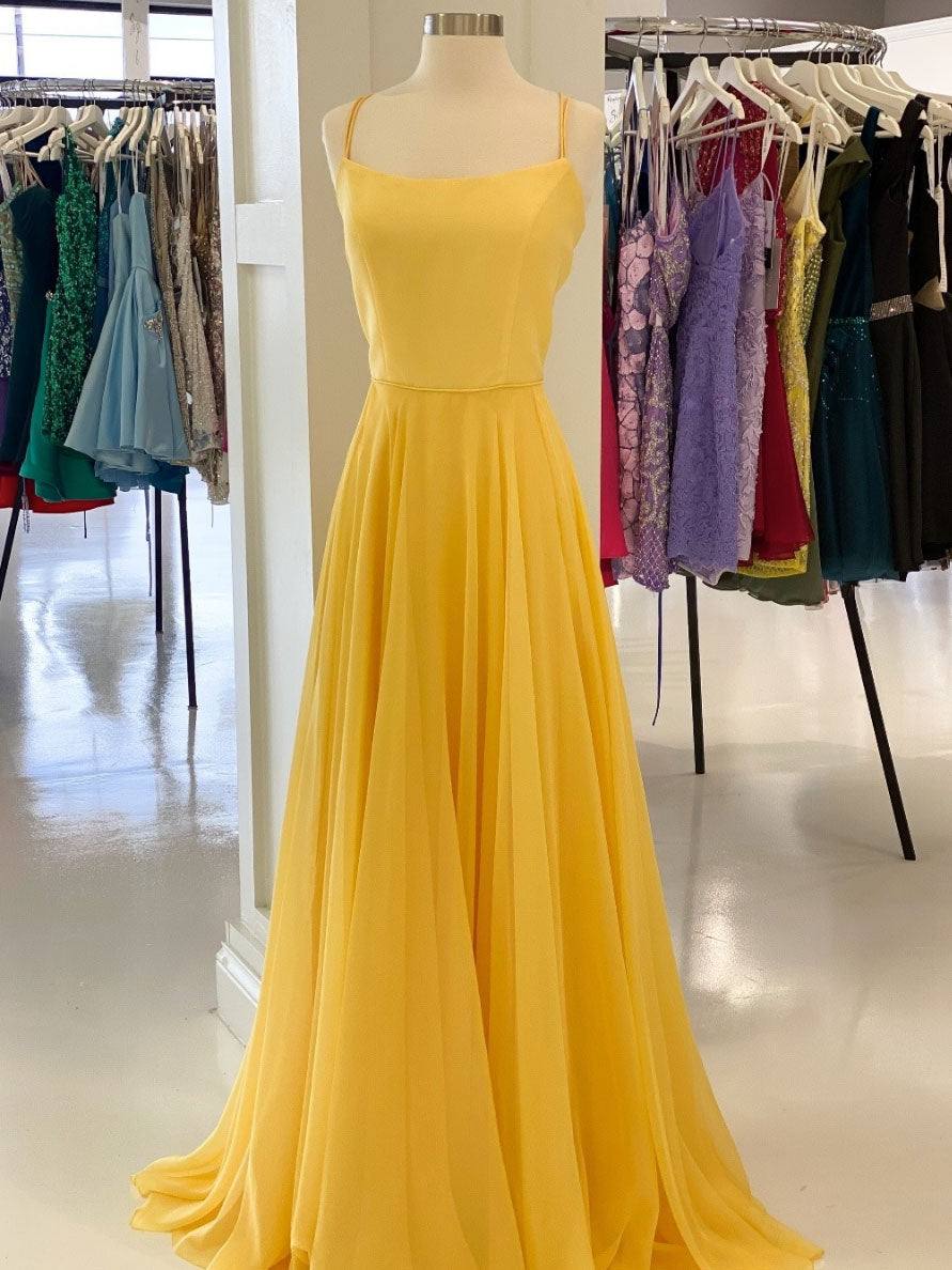 Simple yellow chiffon long prom dress, yellow formal dress - RongMoon