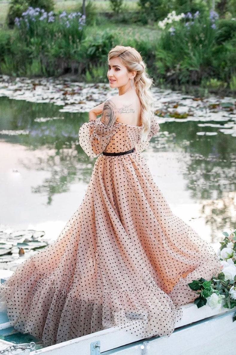 Champagne sweetheart off shoulder tulle long prom dress - RongMoon