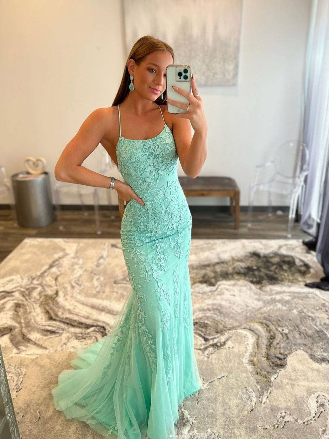 Green tulle lace mermaid long prom dress, green tulle formal dress - RongMoon