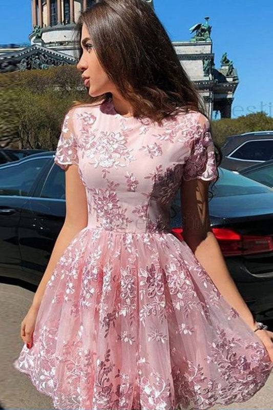 Pink tulle lace short prom dress pink homecoming dress - RongMoon