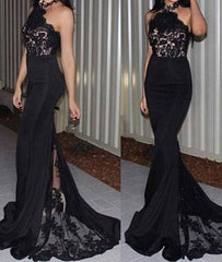 Unique black lace long prom dress, bridesmaid dresses - RongMoon