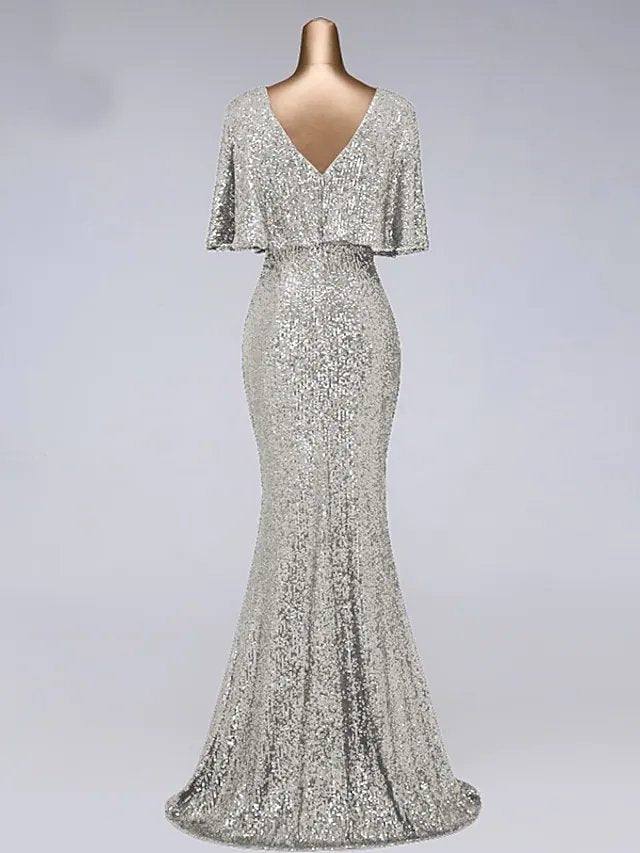 Mermaid / Trumpet Sparkle Elegant Prom Formal Evening Dress Illusion Neck Half Sleeve Floor Length Sequined with Sequin Ruffles - RongMoon