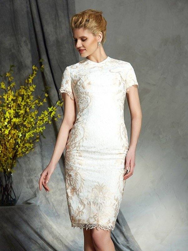 Sheath/Column Jewel Lace Short Sleeves Short Lace Mother of the Bride Dresses - RongMoon