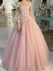 Ball Gown Off-the-Shoulder Tulle Long Sleeves Hand-Made Flower Floor-Length Dresses - RongMoon