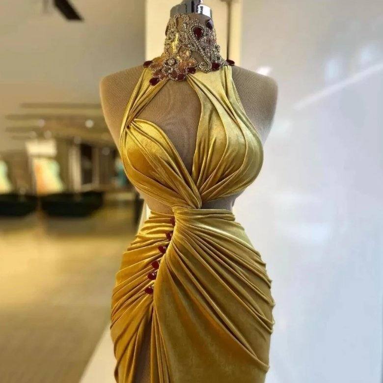 Gold Evening Dresses Sheath High Collar Velvet Beaded Slit Long Turkey Dubai Saudi Arabic Evening Gown Prom Dresses - RongMoon