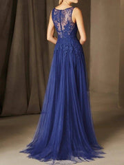 A-Line Mother of the Bride Dress Elegant Jewel Neck Floor Length Lace Sleeveless with Pleats Appliques - RongMoon