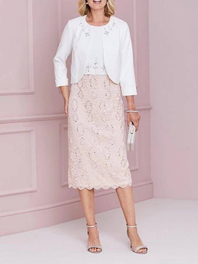 Sheath / Column Mother of the Bride Dress Elegant Jewel Neck Tea Length Lace Stretch Satin 3/4 Length Sleeve with Lace Beading Appliques - RongMoon