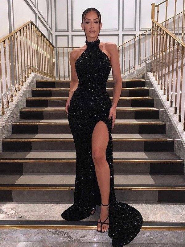 Sheath/Column Sequins Halter Sleeveless Sequin Sweep/Brush Train Dresses - RongMoon