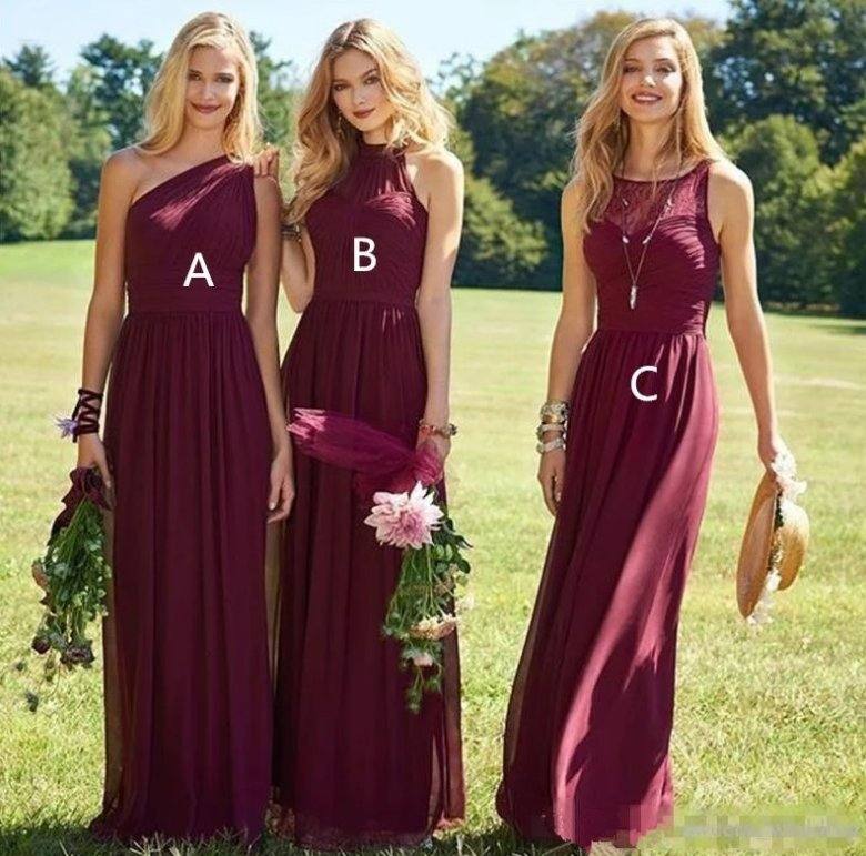 Burgundy Bridesmaid Dresses For Women A-line One-shoulder Chiffon Long Cheap Under 50 Wedding Party Dresses - RongMoon
