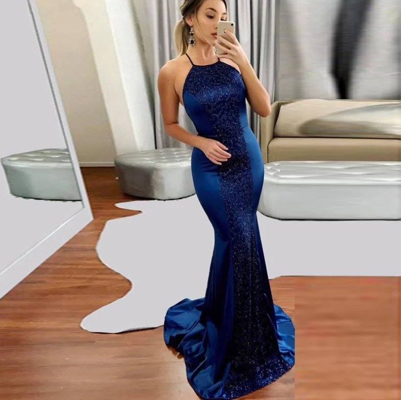 Blue Robe De Soiree Mermaid Halter Appliques Elegant Backless Sexy Long Prom Dresses Prom Gown Evening Dresses - RongMoon