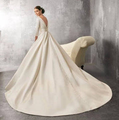 Backless Wedding Dresses Ball Gown V-neck 3/4 Sleeves Satin Boho Wedding Gown Bridal Dresses - RongMoon