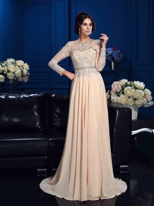 A-Line/Princess Scoop Beading Long Sleeves Long Chiffon Mother of the Bride Dresses - RongMoon