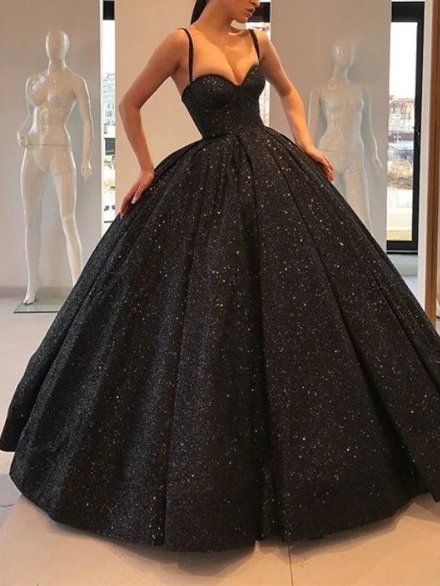 Ball Gown Glittering Sparkle Engagement Formal Evening Dress Sweetheart Neckline Spaghetti Strap Sleeveless Sweep / Brush Train Sequined with Sequin - RongMoon